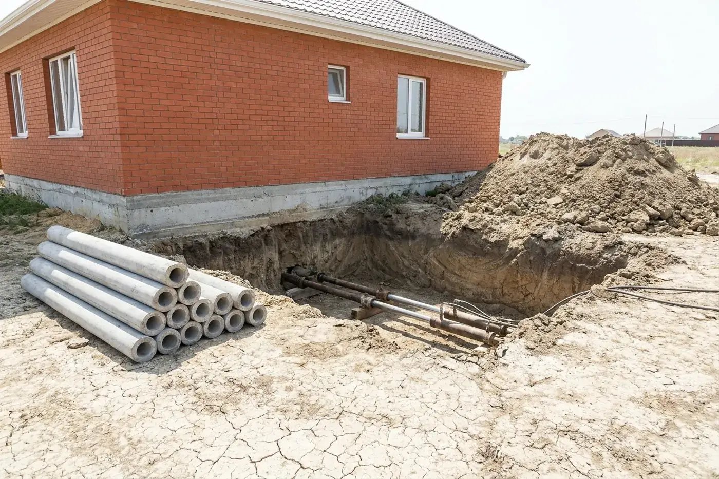 Concrete pressed pilings being driven beneath a foundation beam in South Texas clay