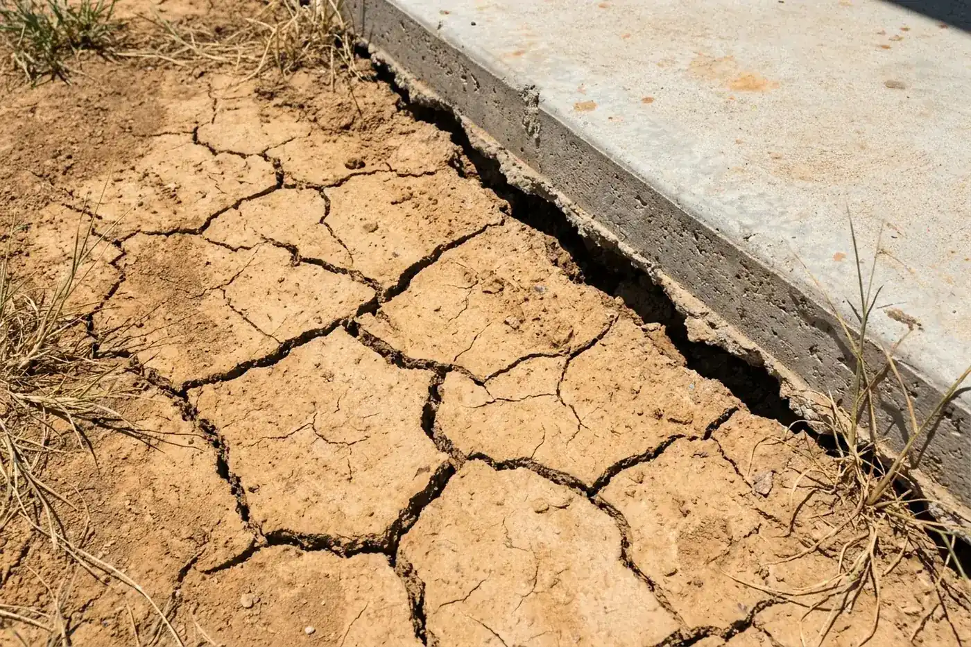Deep shrinkage cracks opened in dry clay soil alongside a house slab